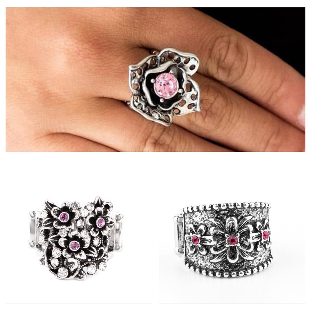 Floral themed silver ring set of 3- pink and purple rhinestones 🩷💜